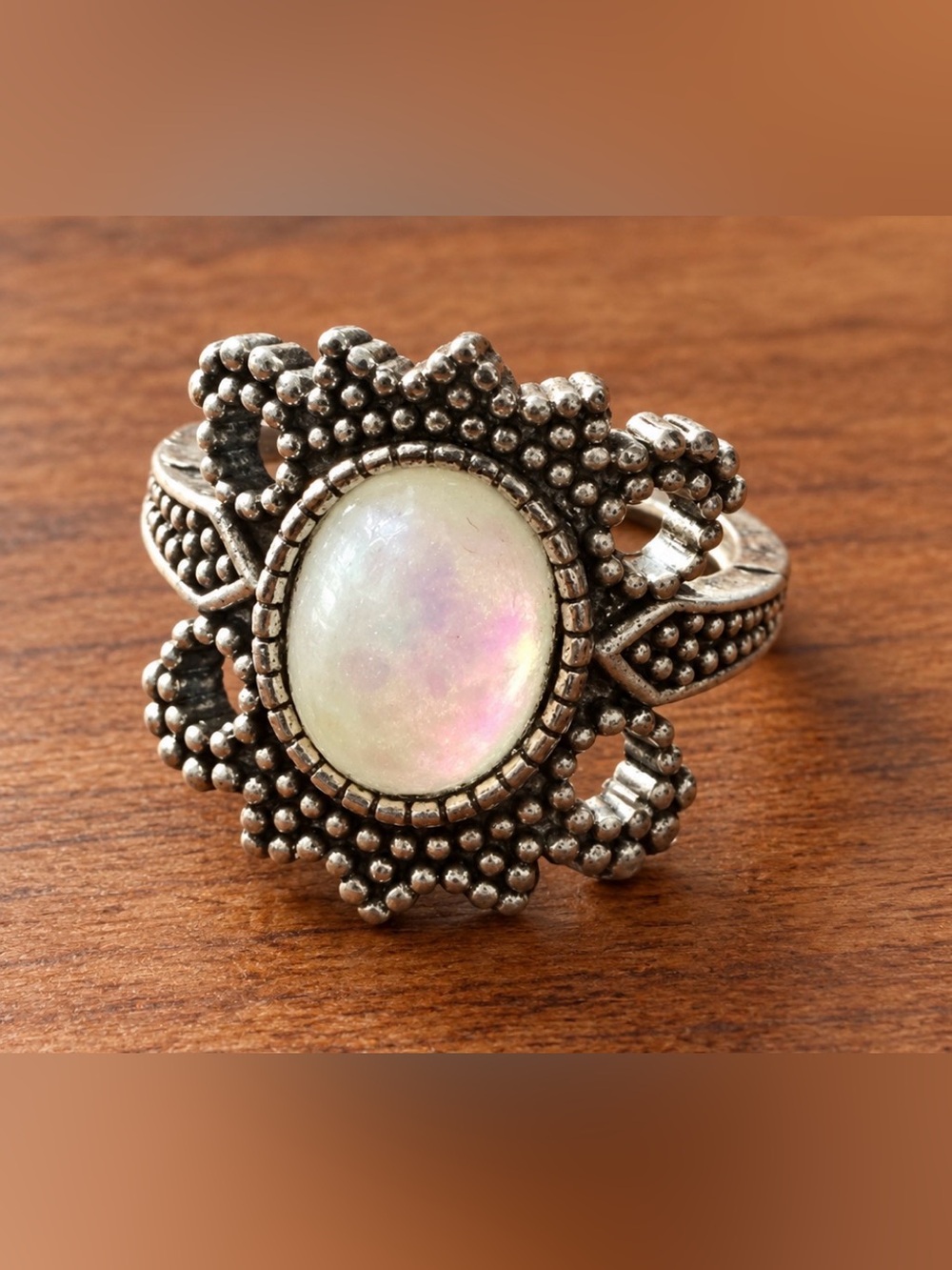 Opalescent Resin Stone Filigree Ring White Opal Look